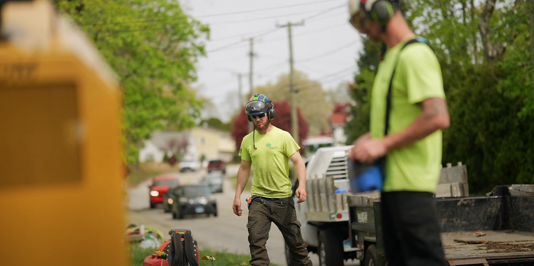 Professional tree service crew working safely on residential property in Wyoming, MI
